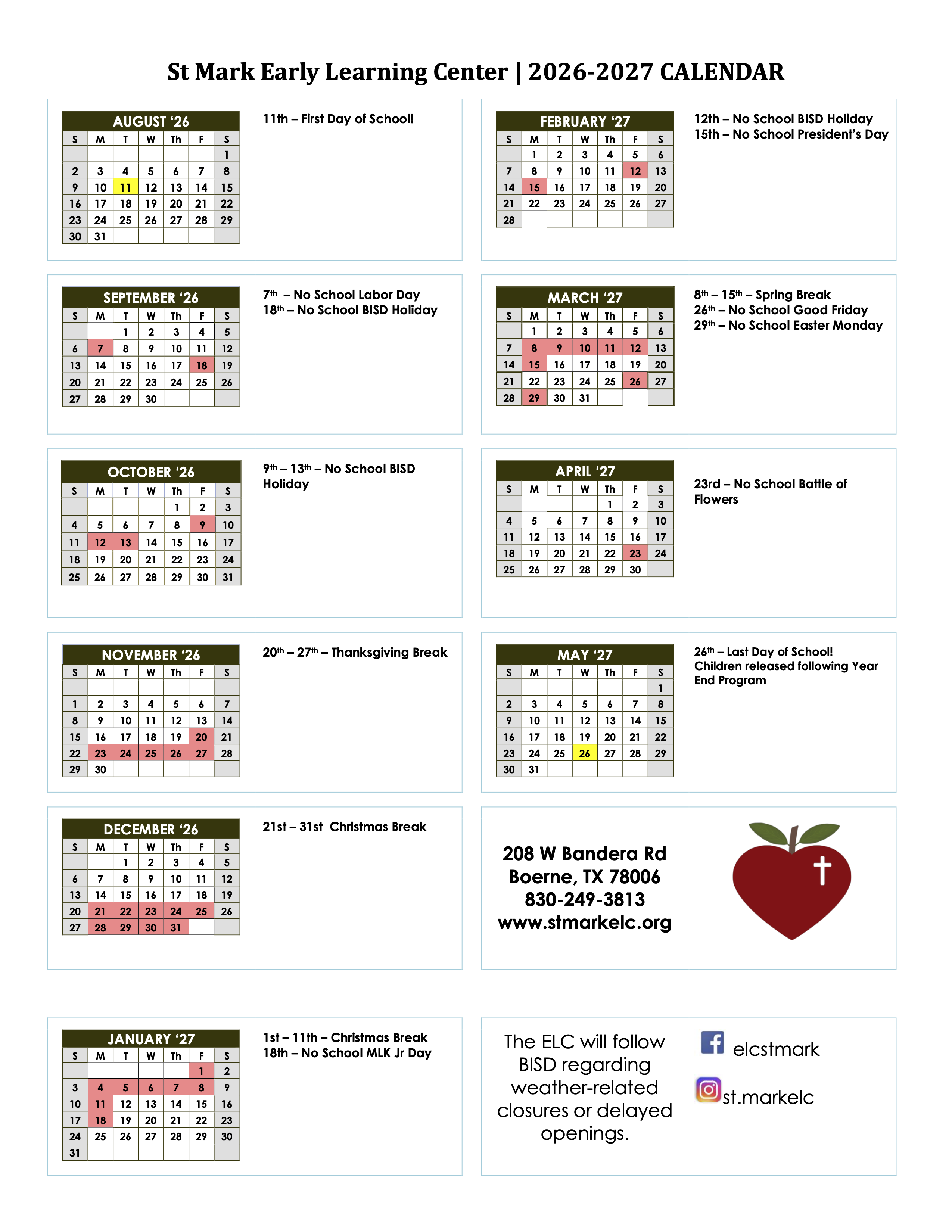 Boerne preschool school calendar for 2025-2026 school year.