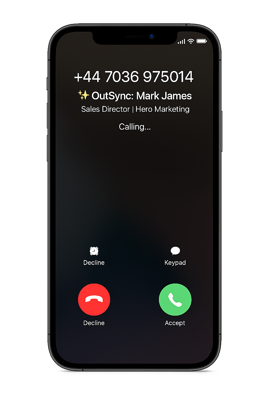 iPhone call screen showing OutSync caller ID