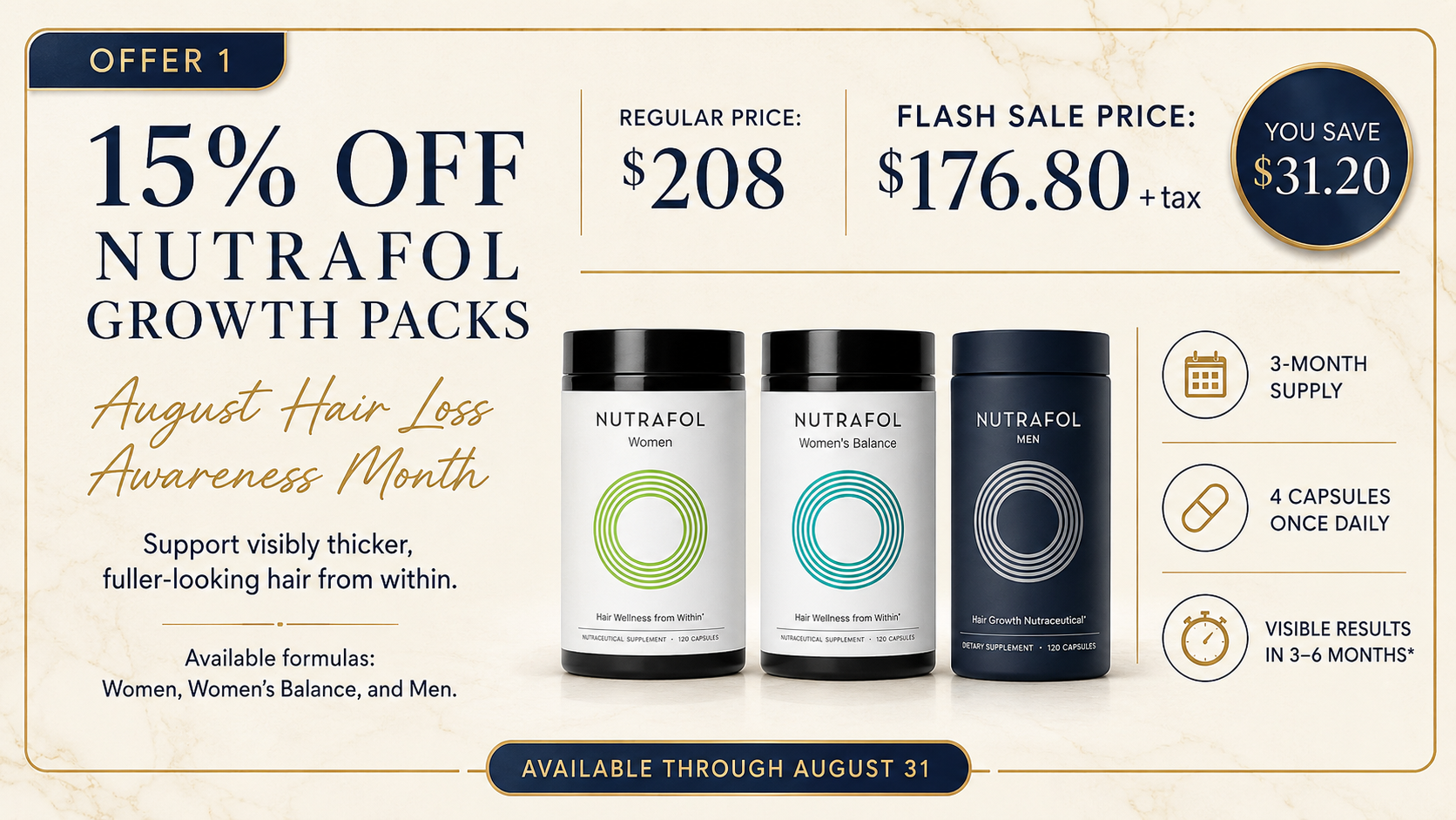 15% off Nutrafol 3-month Growth Packs through August 31