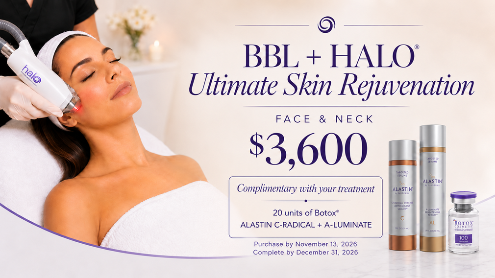 BBL + HALO Ultimate Skin Rejuvenation for face and neck for $3,600, including 20 units of Botox, ALASTIN C-RADICAL Defense Antioxidant Serum, and A-LUMINATE Brightening Serum.