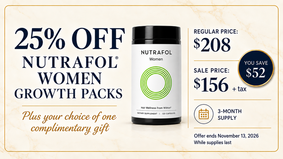 Nutrafol Women three-month Growth Packs: 25% off, regularly $208, now $156 plus tax. Choose one complimentary gift. Available through November 13, 2026, while supplies last.