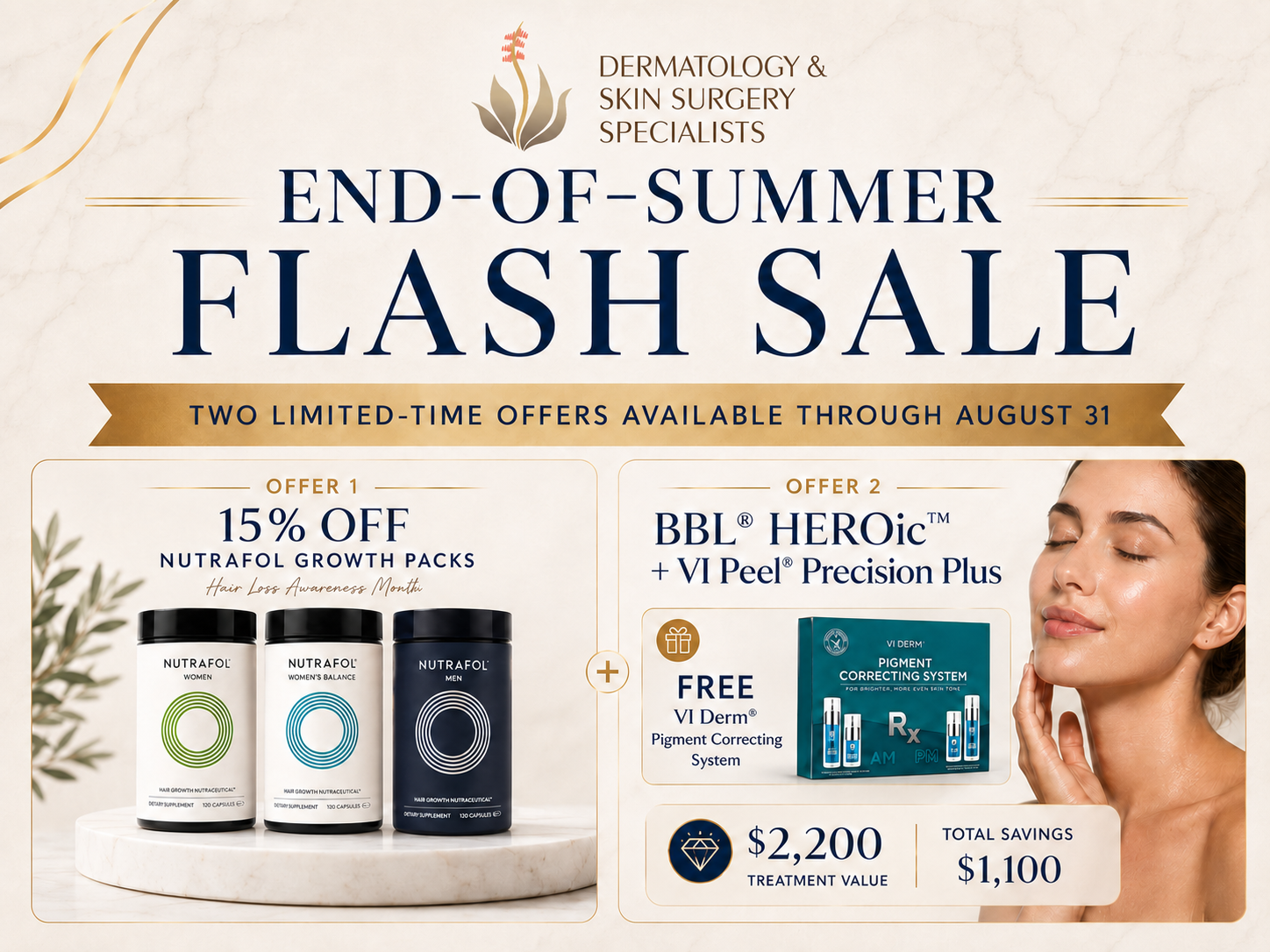 End-of-Summer Flash Sale featuring Nutrafol Growth Packs and BBL HEROic with VI Peel Precision Plus