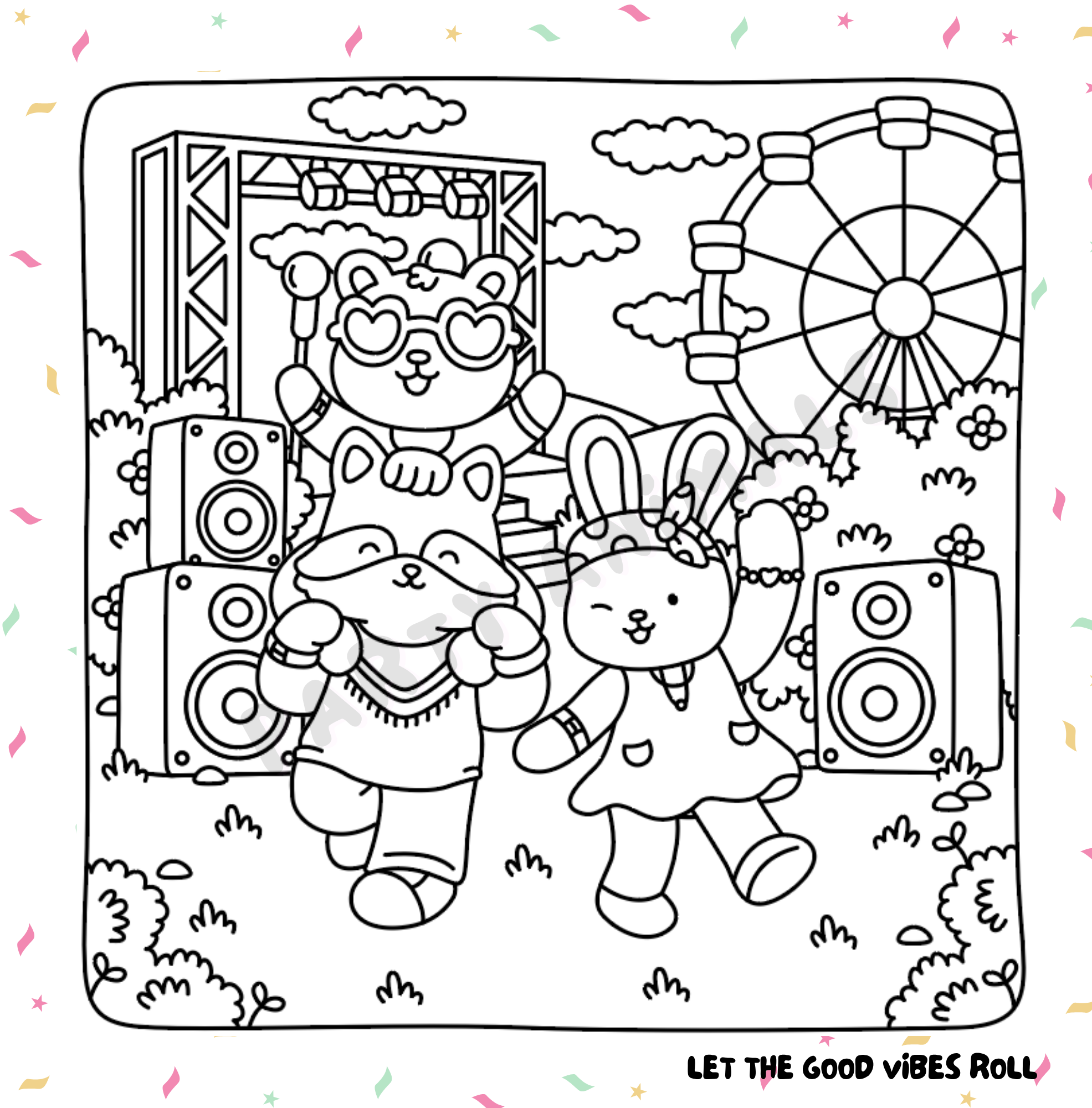 Free download: Concert-themed coloring page with a bunny, a raccoon and a bear dancing with loud speakers.  From the Animal Palooza coloring book.