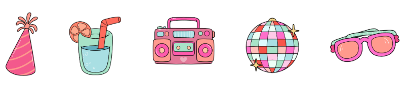 Row of colorful party-themed elements including a party hat, cocktail, boombox, disco ball, and sunglasses. Retro-style icons from the Party Animals coloring book series.