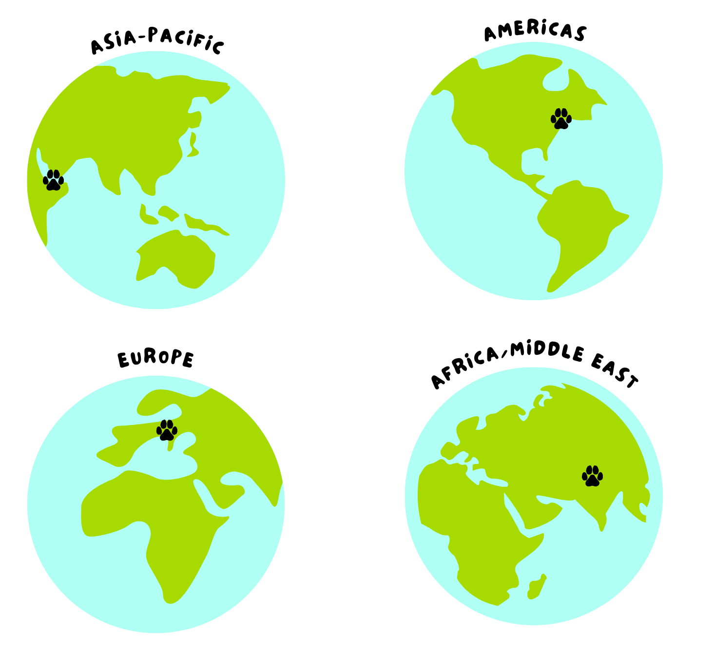 Four illustrated globes labeled Asia-Pacific, Americas, Europe, and Africa/Middle East, each marked with a paw print to show illustrator locations for Party Animals Books.