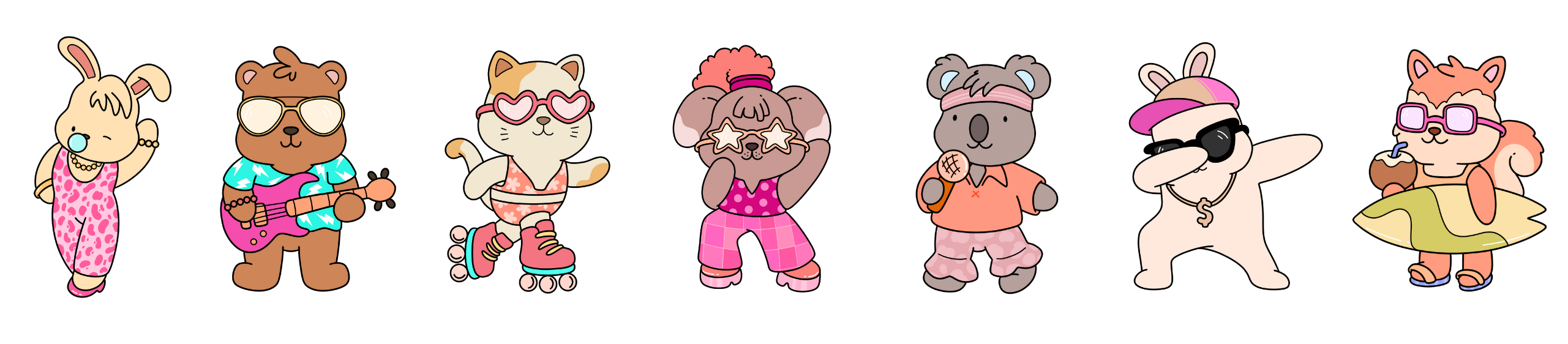 Lineup of seven colorful animal characters in party outfits, including a bunny, bear, cat, dog, koala, fox, and squirrel, each dressed for fun with sunglasses, guitar, surfboard, cheetah outfit and roller skates. Characters from the Party Animals coloring book series for teens and adults.