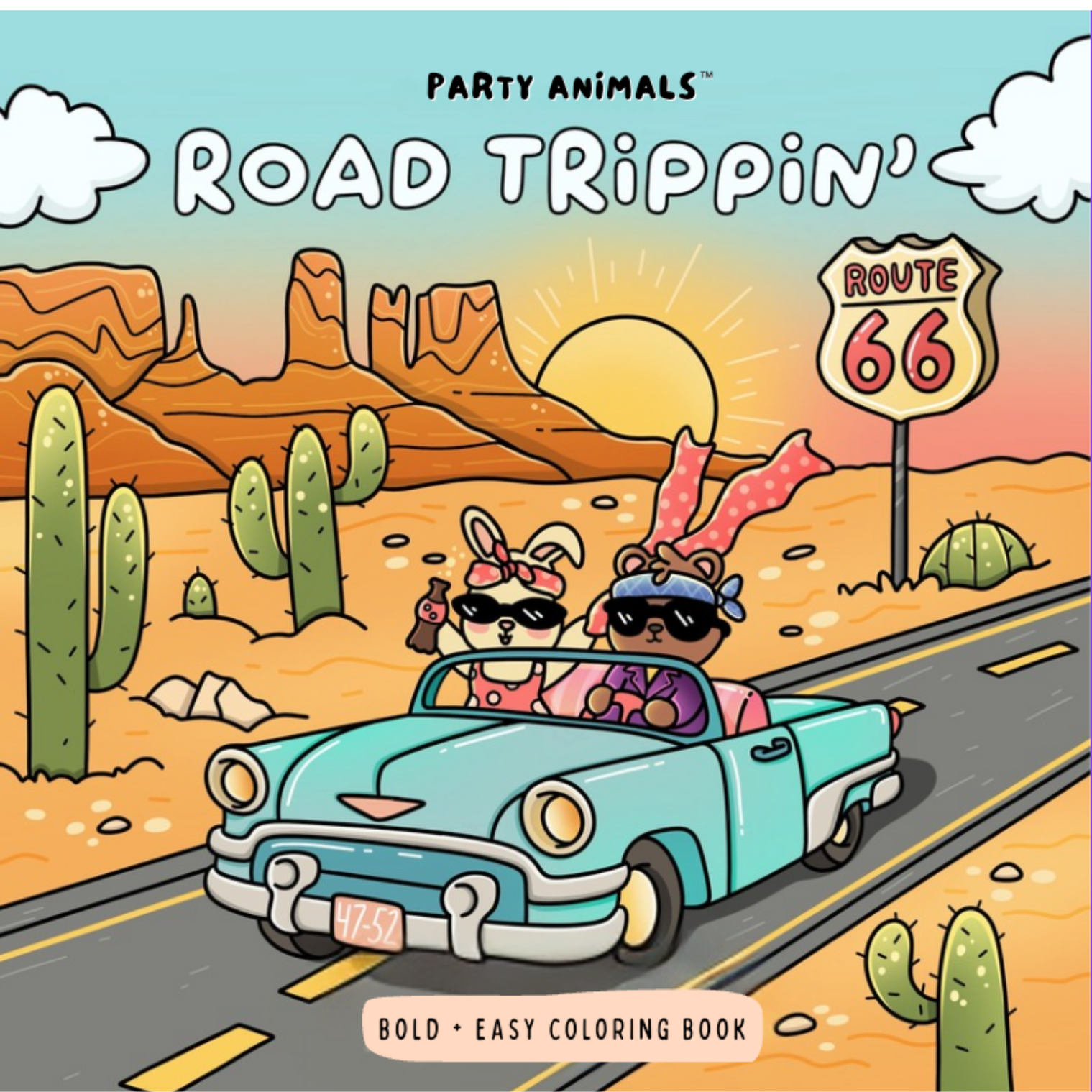 Colorful pool scene with four cartoon animals floating on pool tubes, wearing sunglasses and relaxing. Fun illustration from the Pool Party Vibes coloring book, made for teens and adults.