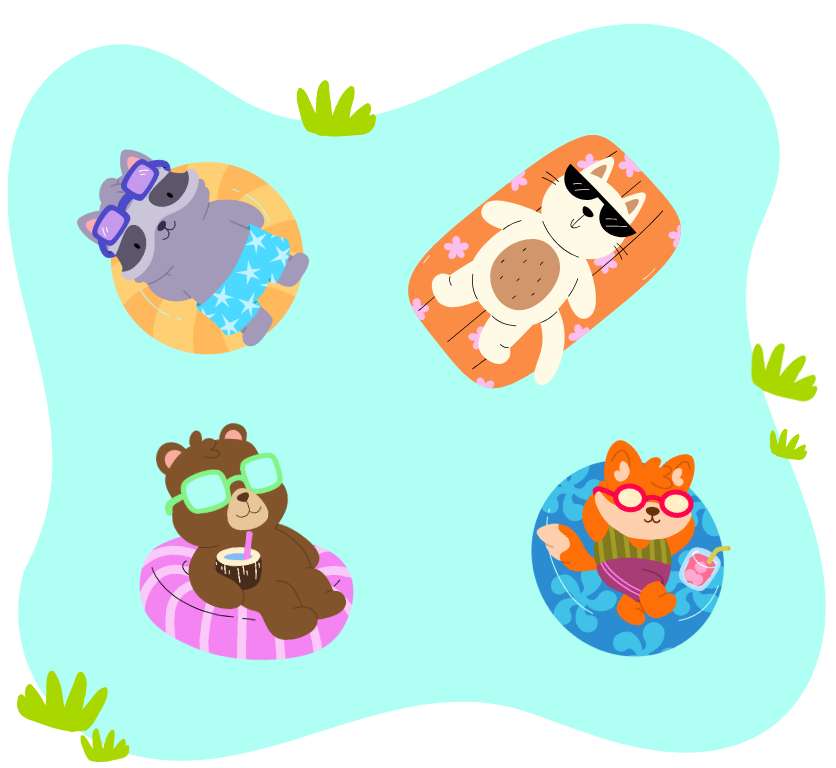 Colorful pool scene with four cartoon animals floating on pool tubes, wearing sunglasses and relaxing. Fun illustration from the Pool Party Vibes coloring book, made for teens and adults.