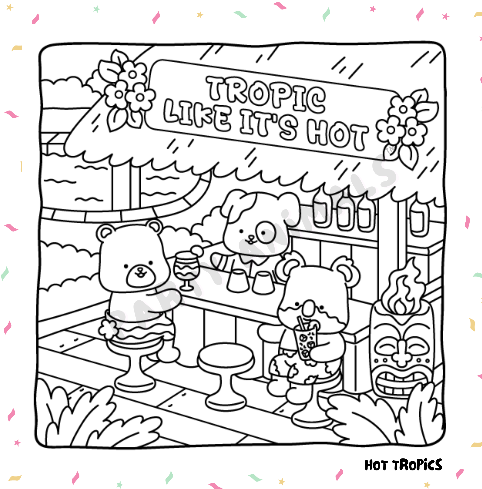 Free download: Coloring page with a bear, dog and koala, sitting at a tropical tiki bar on stools, a tiki torch and a sign that says 