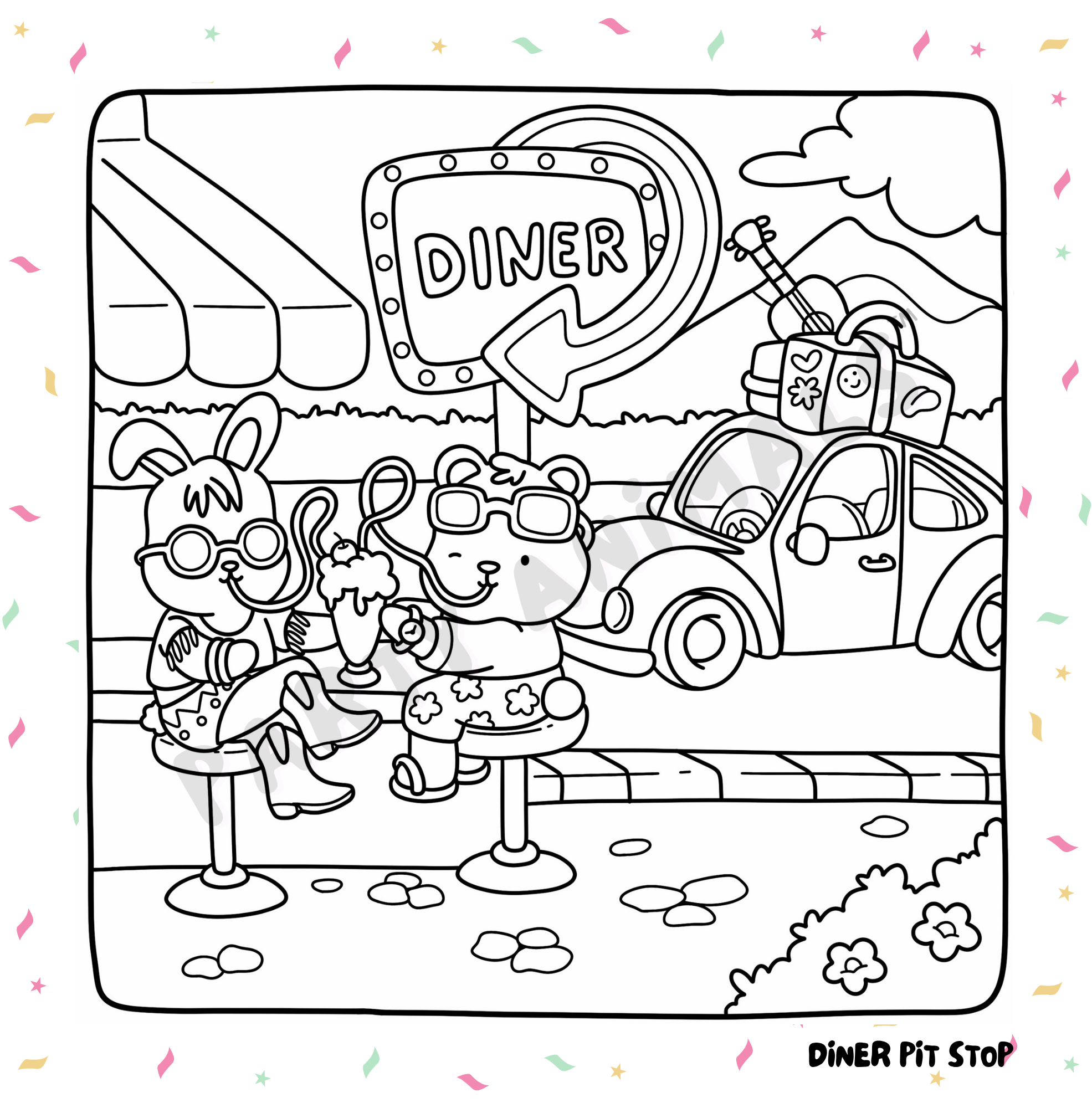 Free road trip coloring page preview with animals sharing a shake outside a retro diner. From the Road Trippin’ book. Watermarked sample from Party Animals™.