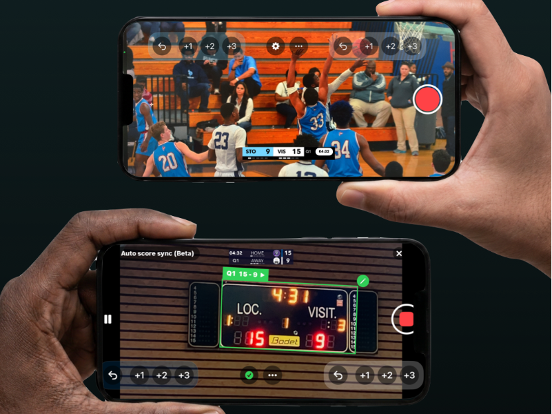 AI reading a physical basketball scoreboard with ScoreCastPro Auto Score Sync