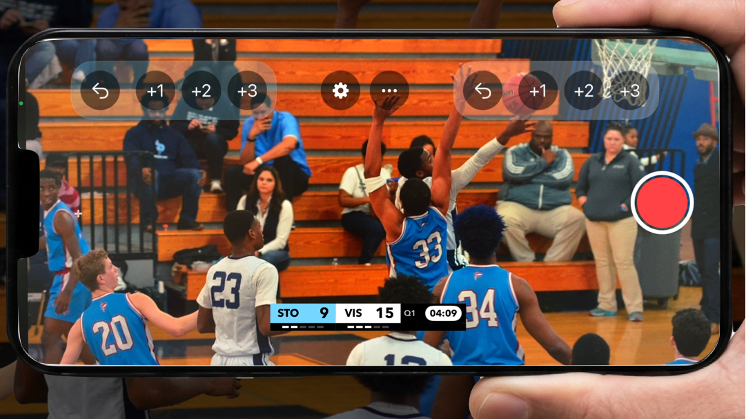 ScoreCastPro basketball scoreboard app displayed on iPhone during a live game