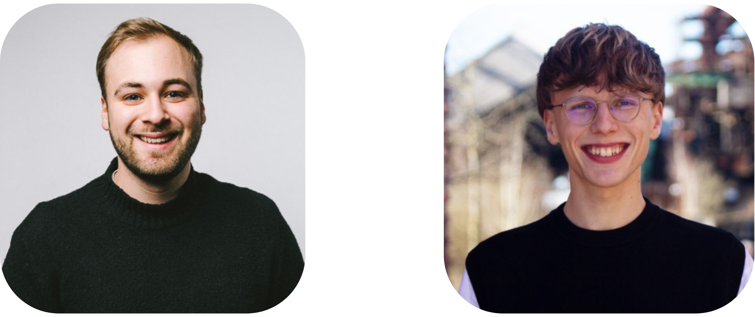 Portraits von zwei jungen Männern die in die Kamera lächeln.