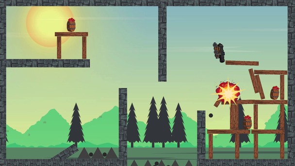2D screenshot of a cannon flying in air, with an explosion near wooden blocks.  Some wooden blocks are being knocked away from the explosion.