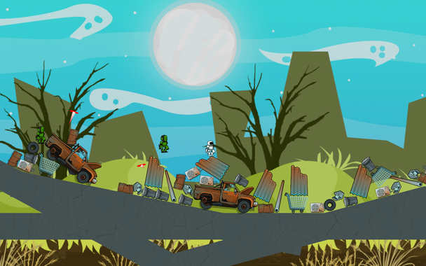 2D screenshot of a junkyard with a few green robots to the side.  A white robot is at the center of the screen, standing on various junk.