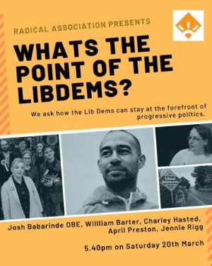 Flyer for a Radical Association fringe event with the title: What's the point of the Lib Dems?