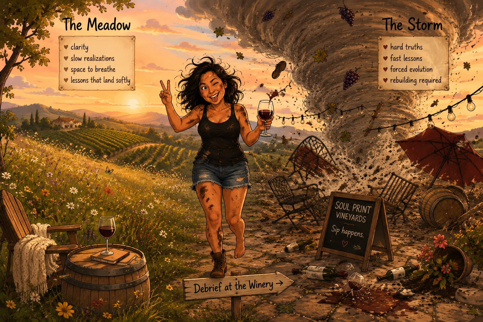 Split illustration comparing The Meadow and The Storm, with a woman walking out of tornado wreckage toward a Debrief at the Winery sign, depicting resilience through life transitions.