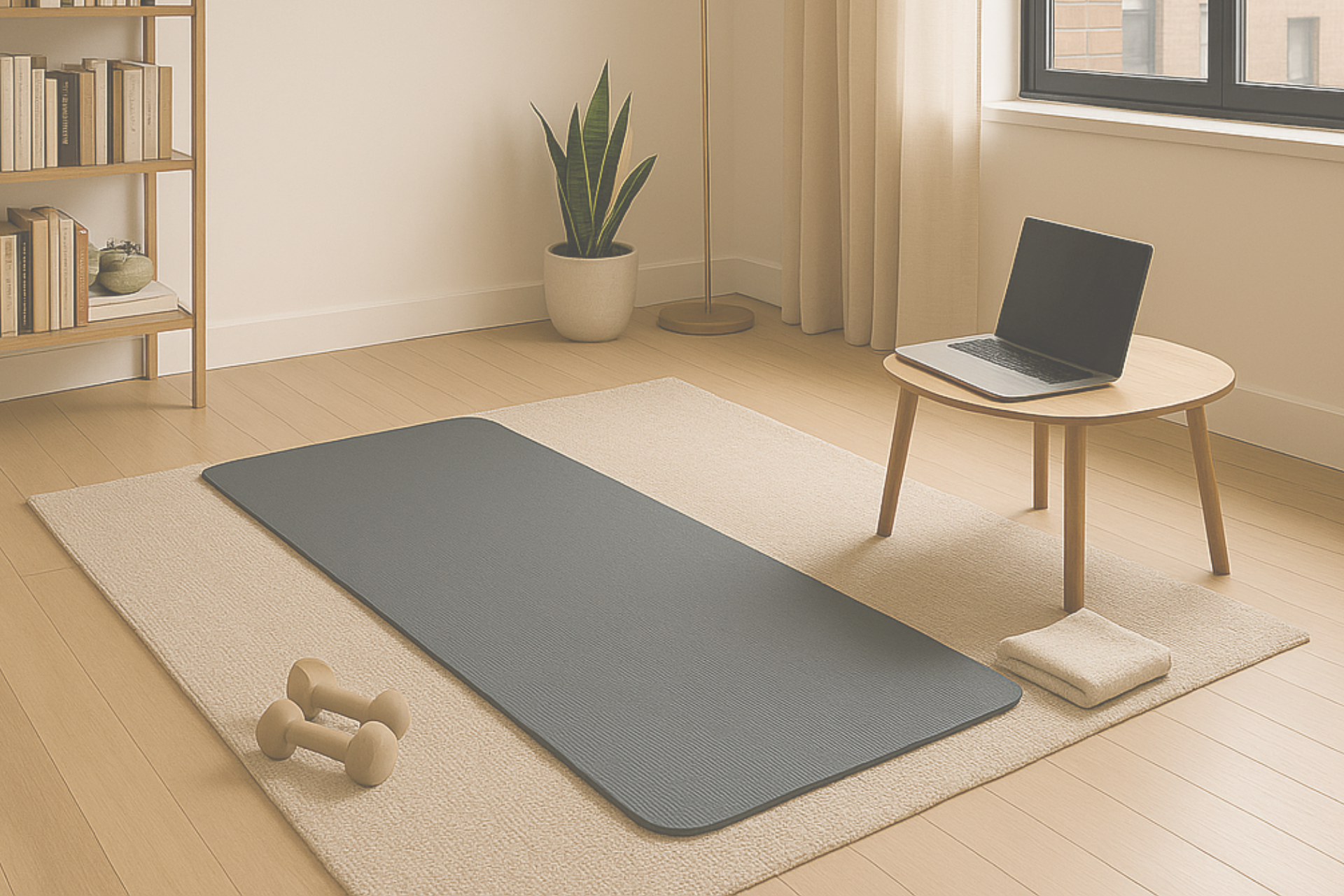 Minimal in-home Pilates setup; light wood floor, white wall, gray mat with towel, chair and shelf, natural daylight from a window.