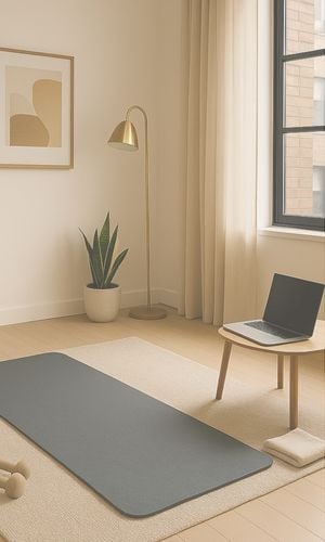 Minimal in-home Pilates setup with light wood floors, white walls, gray mat, towel, chair, and natural daylight