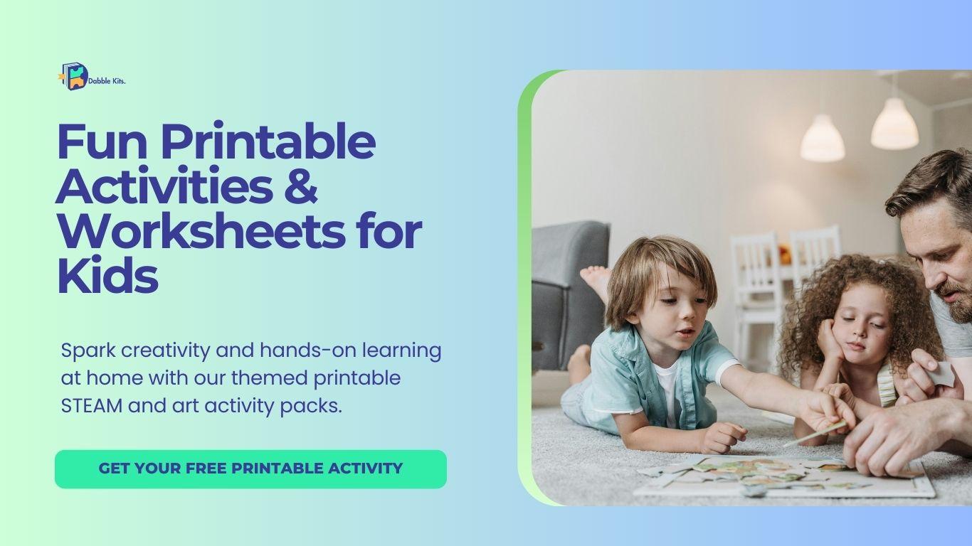 A father and two young children (boy and girl) smiling while playing with fun, hands-on printable STEAM activity worksheets on the floor at home. Promotes screen-free, creative learning and getting a free printable activity for kids.