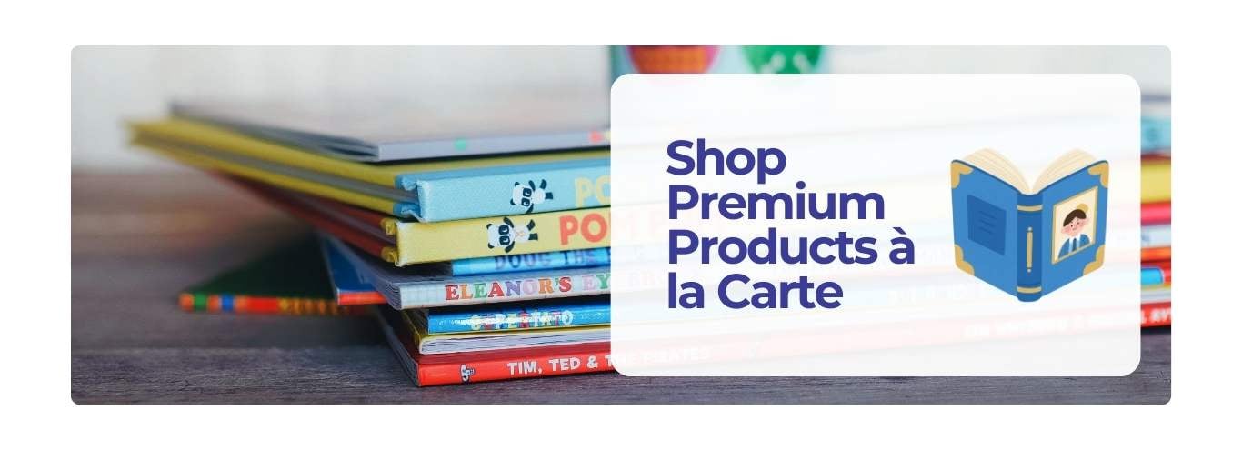 Stack of colorful children's storybooks and learning guides for purchase on the premium shop page.