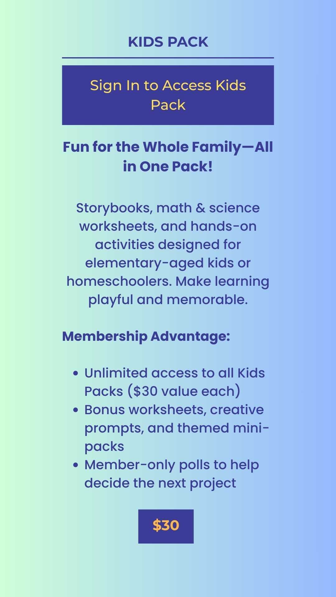Kids Pack membership benefits: sign-in access to unlimited math & science worksheets and hands-on activities for homeschoolers.