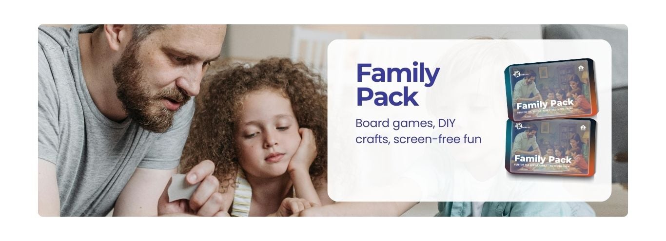 Image promoting the Dabble Kits Family Pack, showing a father and daughter engaging in a fun, screen-free activity. The pack includes board games, DIY crafts, and activities designed for quality family time and creative bonding.