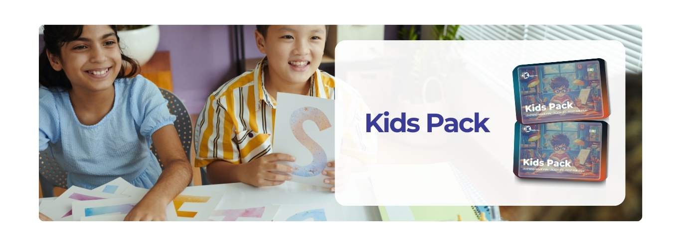 Two happy elementary-aged children working on screen-free printable learning packets and creative activities.