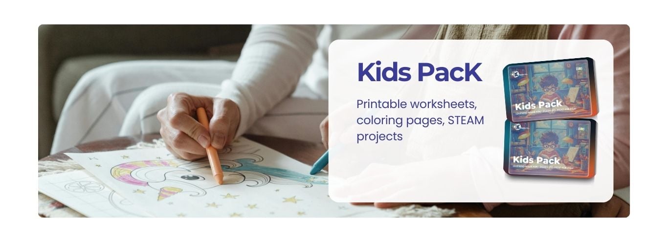 mage promoting the Dabble Kits Kids Pack, showing a child coloring a unicorn. The pack is filled with printable worksheets, coloring pages, and hands-on STEAM projects perfect for curious young learners and screen-free fun.