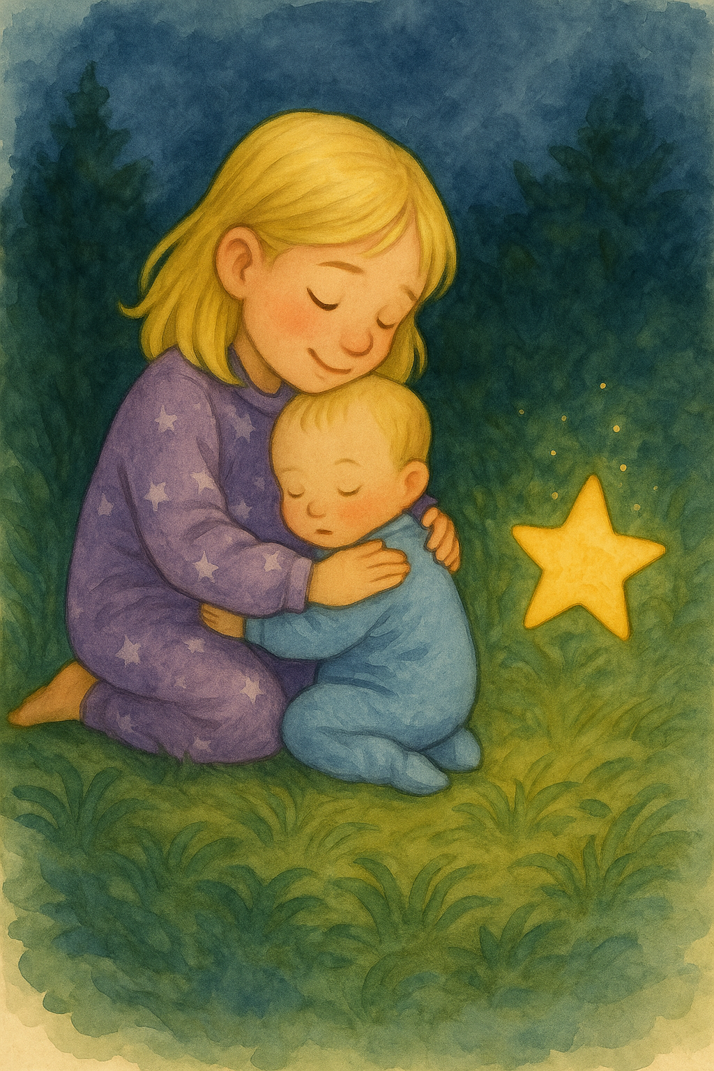 Lily comforting baby Jack beside the star