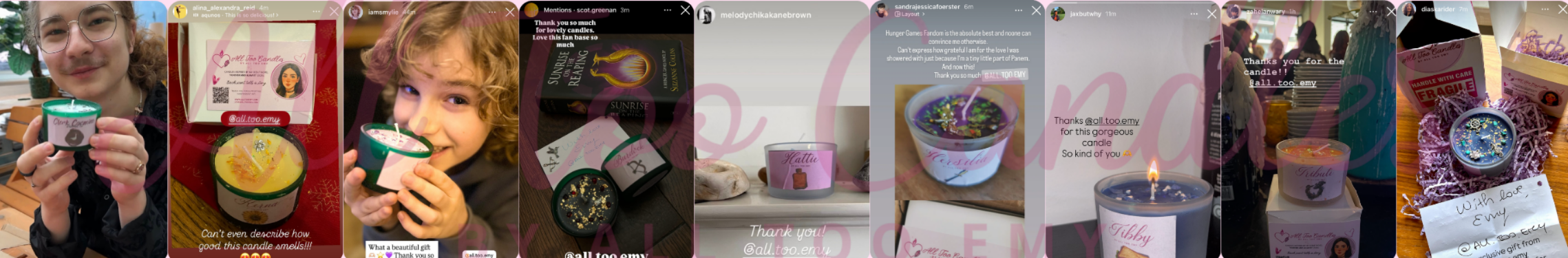 Konstantin Taffet (Clerk Carmine, The Ballad of Songbirds and Snakes), Alina Alexandra Reid (Kerna, Sunrise on the Reaping), Smylie Bradwell (Syd Abernathy, Sunrise on the Reaping), Scot Greenan (Burdock Everdeen, Sunrise on the Reaping), Sandra Jessica Foerster (Hersilia, Sunrise on the Reaping) with a candle handmade by @all.too.emy (All Too Candles).