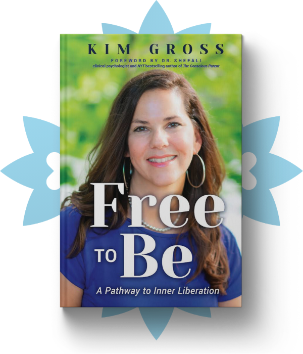 Imagery of Kim Gross's new book cover. Cover is a profile image of Kim, a white woman with long brunette hair, wearing a royal blue shirt. The title of the book is 