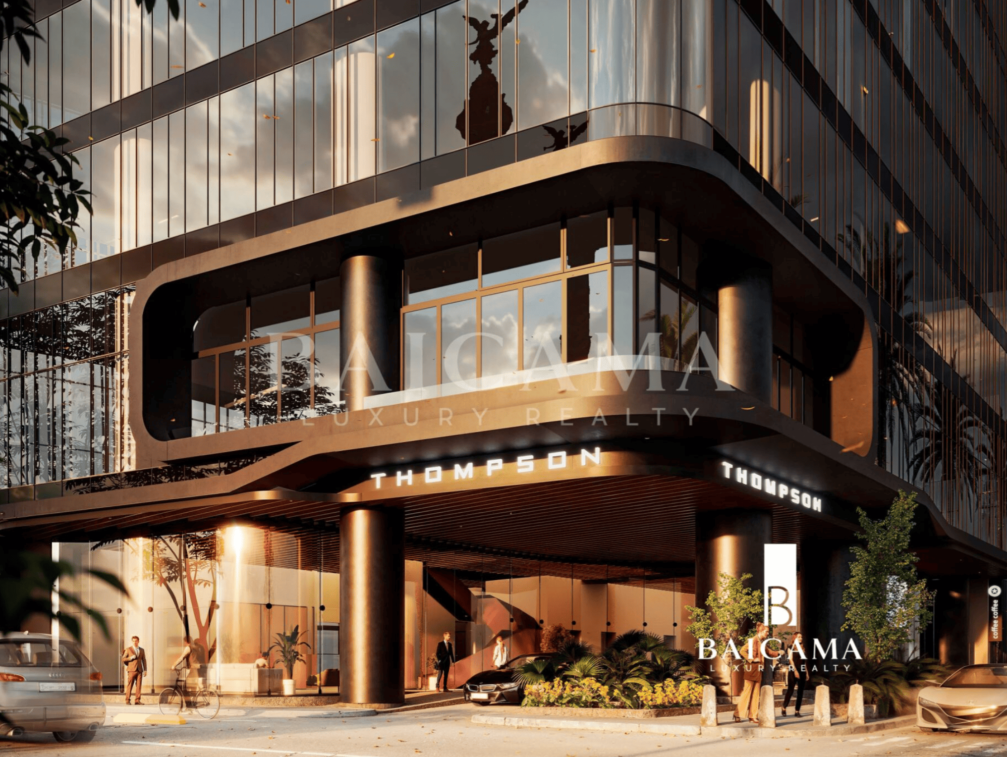 Acceso principal de Thompson Residences con arquitectura contemporánea y fachada de vidrio, diseño icónico de uso mixto y ambiente urbano de lujo en Paseo de la Reforma, Ciudad de México.