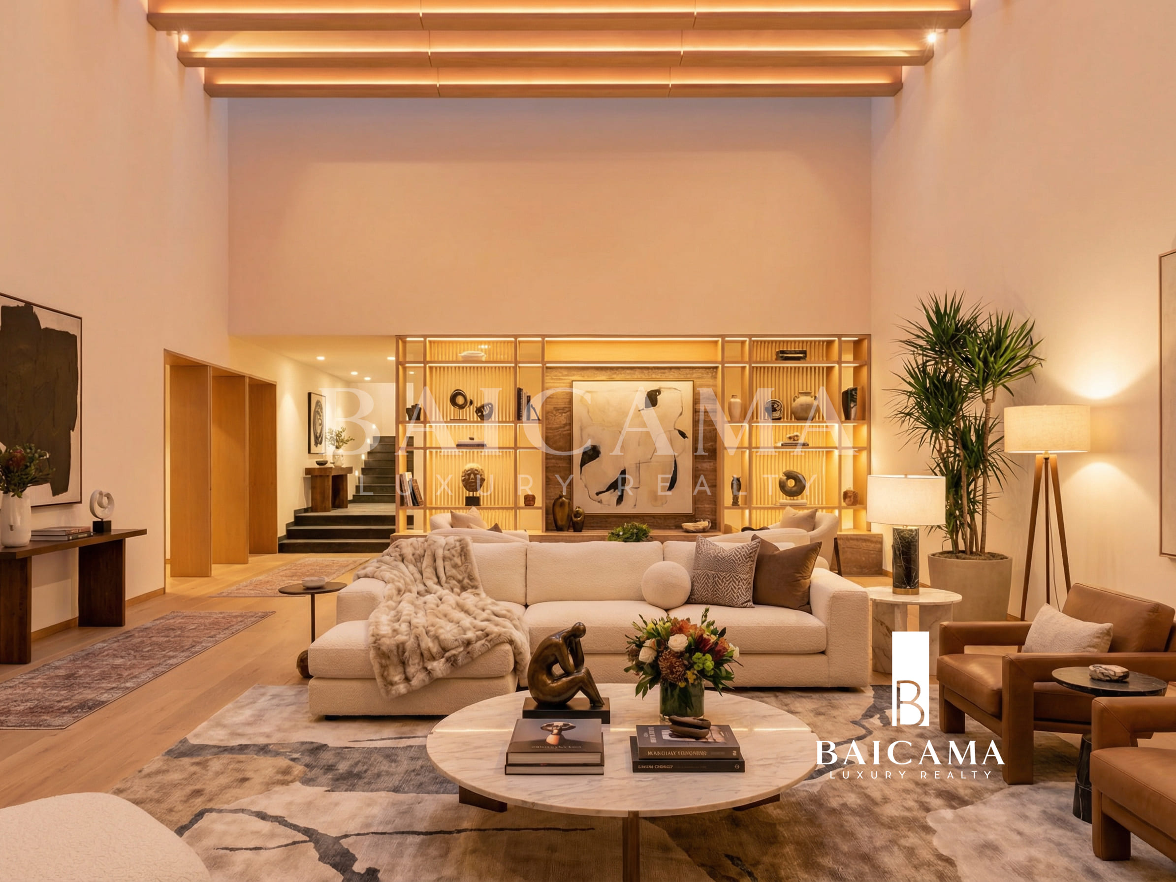 Sala de estar de diseño contemporáneo en Bosques de las Lomas CDMX,con doble altura, tonos neutros y cálidos, vigas de madera en el techo, sofá modular claro, mesa de centro de mármol, alfombra texturizada y estantería iluminada al fondo; espacio amplio, elegante y acogedor con iluminación indirecta y decoración sofisticada.