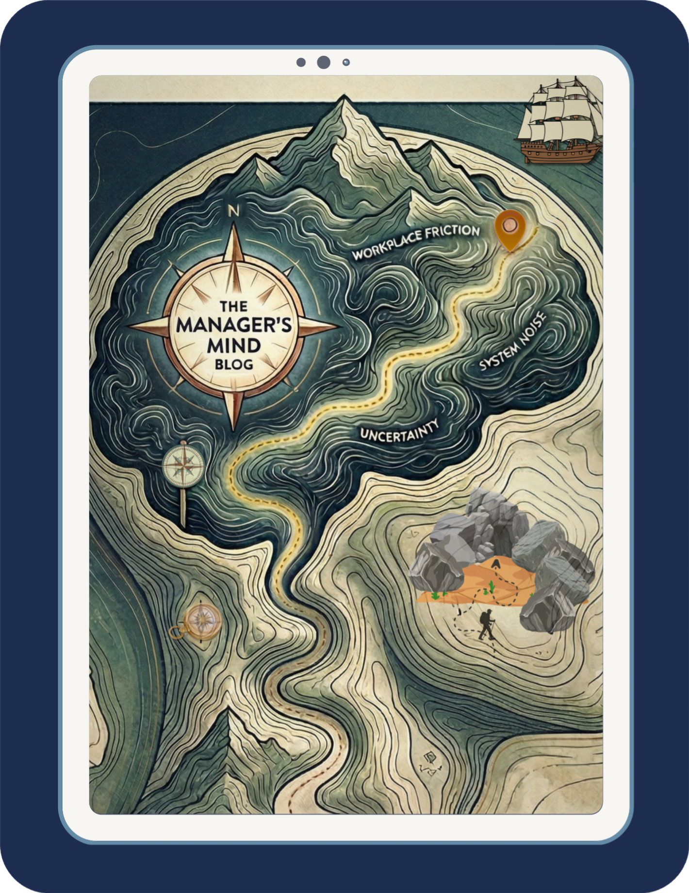 A vintage-style topographical map in the shape of a human brain, featuring a central compass rose with 'The Manager’s Mind Blog' text.