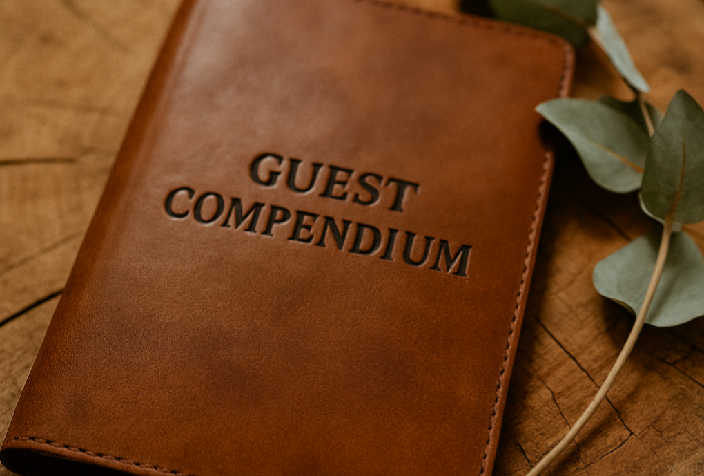 Guest compendium at Andersons Eco Retreat, styled with natural timber and eucalyptus