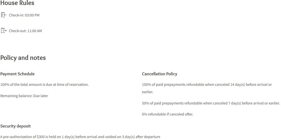 House rules, policy and payments