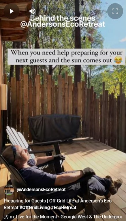 Behind-the-scenes moment at Andersons Eco Retreat—Greg relaxing in a deck chair, prepping for guests, then unwinding in a hammock.