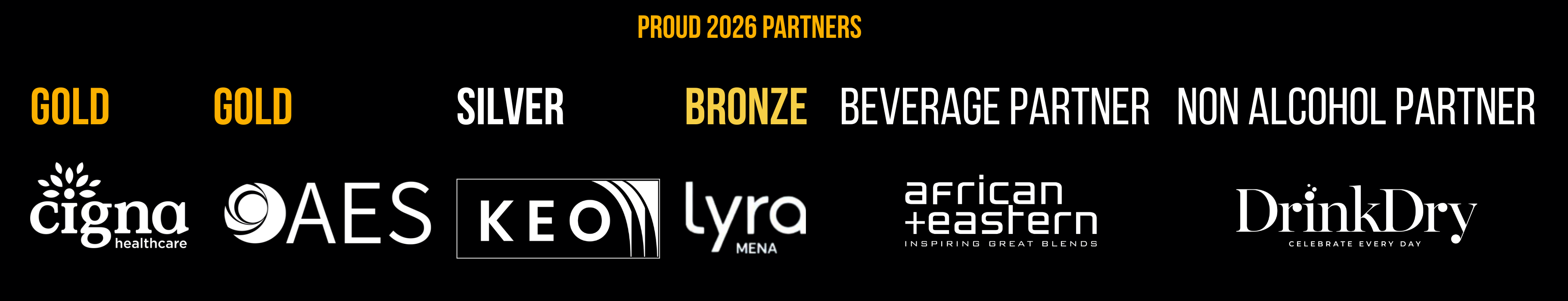 Proud 2026 partners: Cigna, AES, KEO, Lyra, african + eastern and DrinkDry