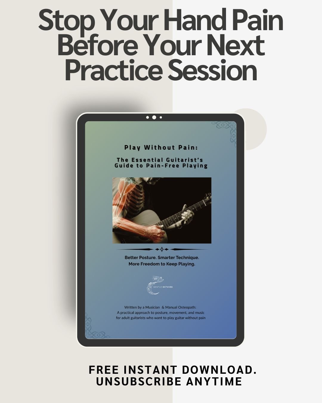 Cover of 'Play Without Pain: The Essential Guitarist’s Guide to Injury-Free Playing' showing an X-ray-style image of a guitarist’s upper body highlighting muscles and bones, with tagline 'Better Posture. Smarter Technique. More Freedom to Keep Playing.' A resource from Gentle Octaves for adult guitarists with pain or stiffness.
