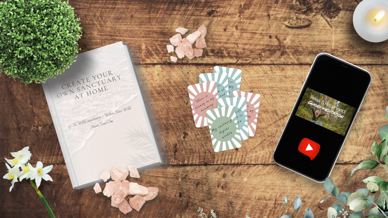 Flat lay of a calming wellness scene on a rustic wooden surface, featuring a printable ritual guide titled ‘Create Your Own Sanctuary at Home’ by The Wild Sanctuary, pastel affirmation cards, a phone displaying a guided meditation, rose quartz crystals, and natural décor including flowers, greenery, and a lit candle.
