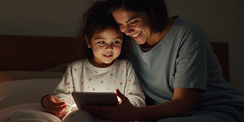 Mamá mexicana de Guadalajara leyendo un cuento infantil en el celular junto a su hija antes de dormir, rutina con historias cortas y tiernas. cuentos online para niños con valores.