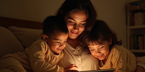 Mamá mexicana de Monterrey leyendo cuentos para dormir a sus dos hijos pequeños, rutina familiar con historias cortas y llenas de valores. Fortaleciendo el vínculo con sus hijos