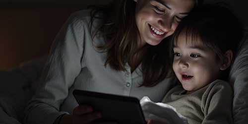 Mamá mexicana en Ciudad de México leyendo cuentos infantiles diarios a su hijo desde el correo electrónico, historias breves para dormir. Rutina nocturna con historias por email.