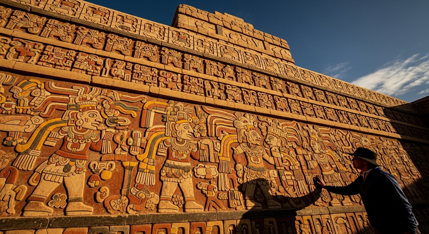 A close-up shot of the intricate and colorful adobe friezes on the walls of the Huaca de la Luna in Peru, with ancient carvings of mythological figures and symbols.