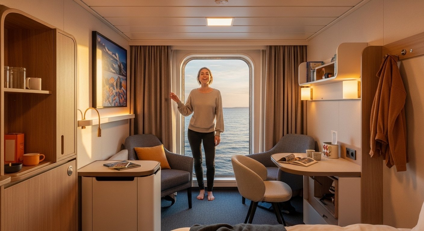 A vibrant, newly renovated residential cruise ship cabin with a person smiling, showcasing a stylish, space-saving design and a large window view of the sunset over the ocean.