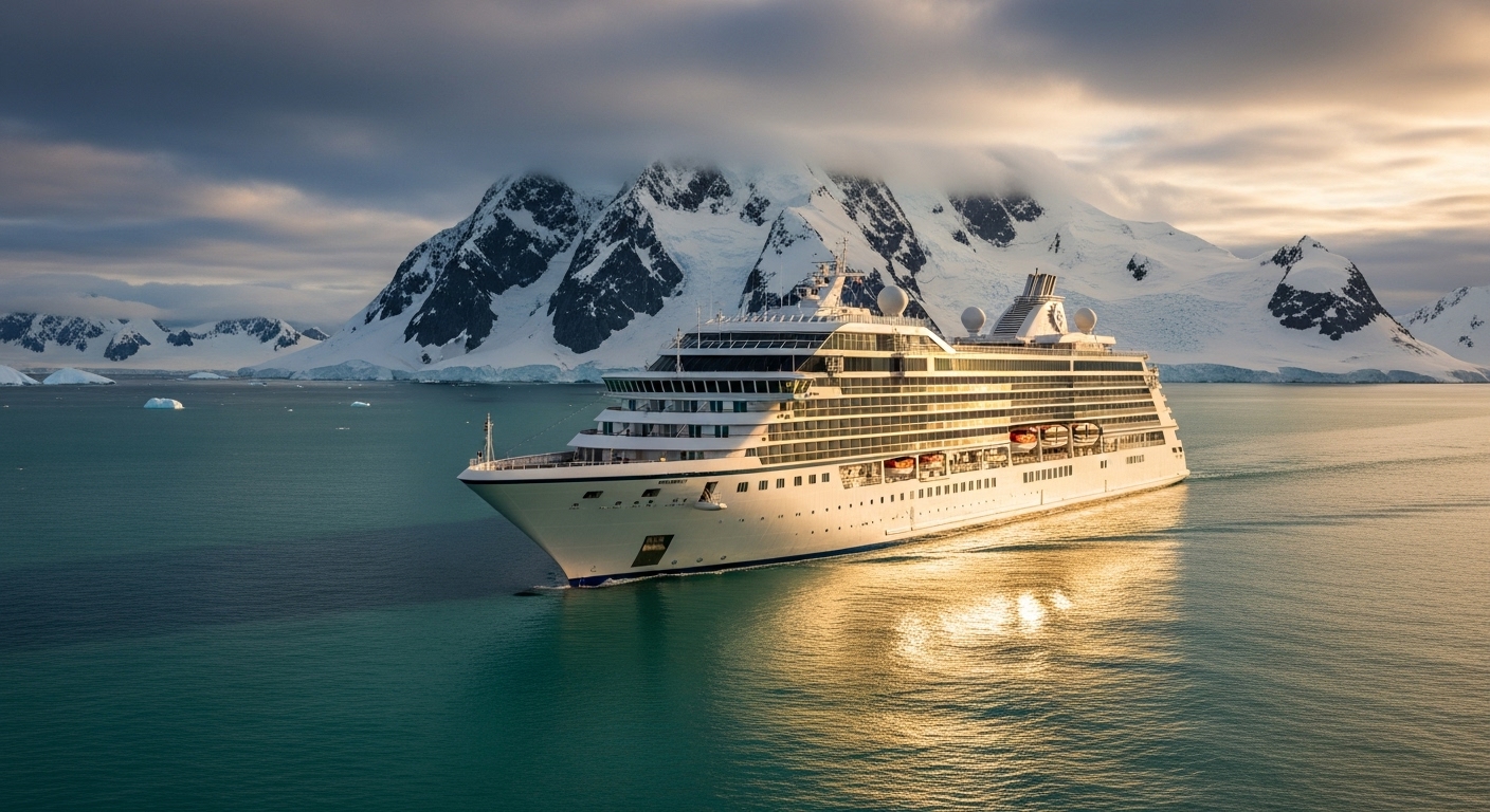 Residential cruise ship sailing near Antarctica on its epic 2026 itinerary.