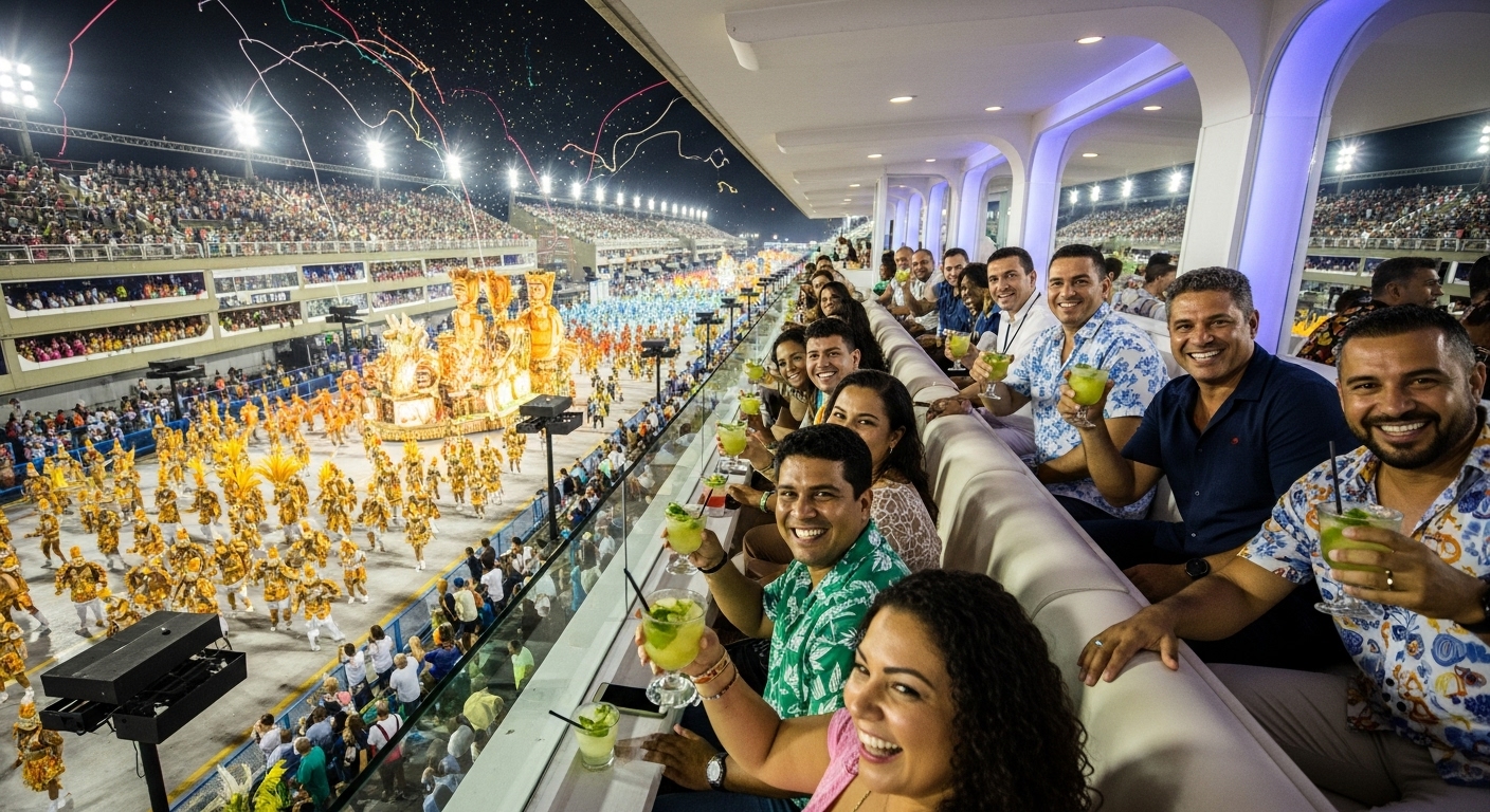 People relaxing and having a great time in a comfortable VIP box at the Rio Carnival Sambadrome, with a fantastic view of the parade.