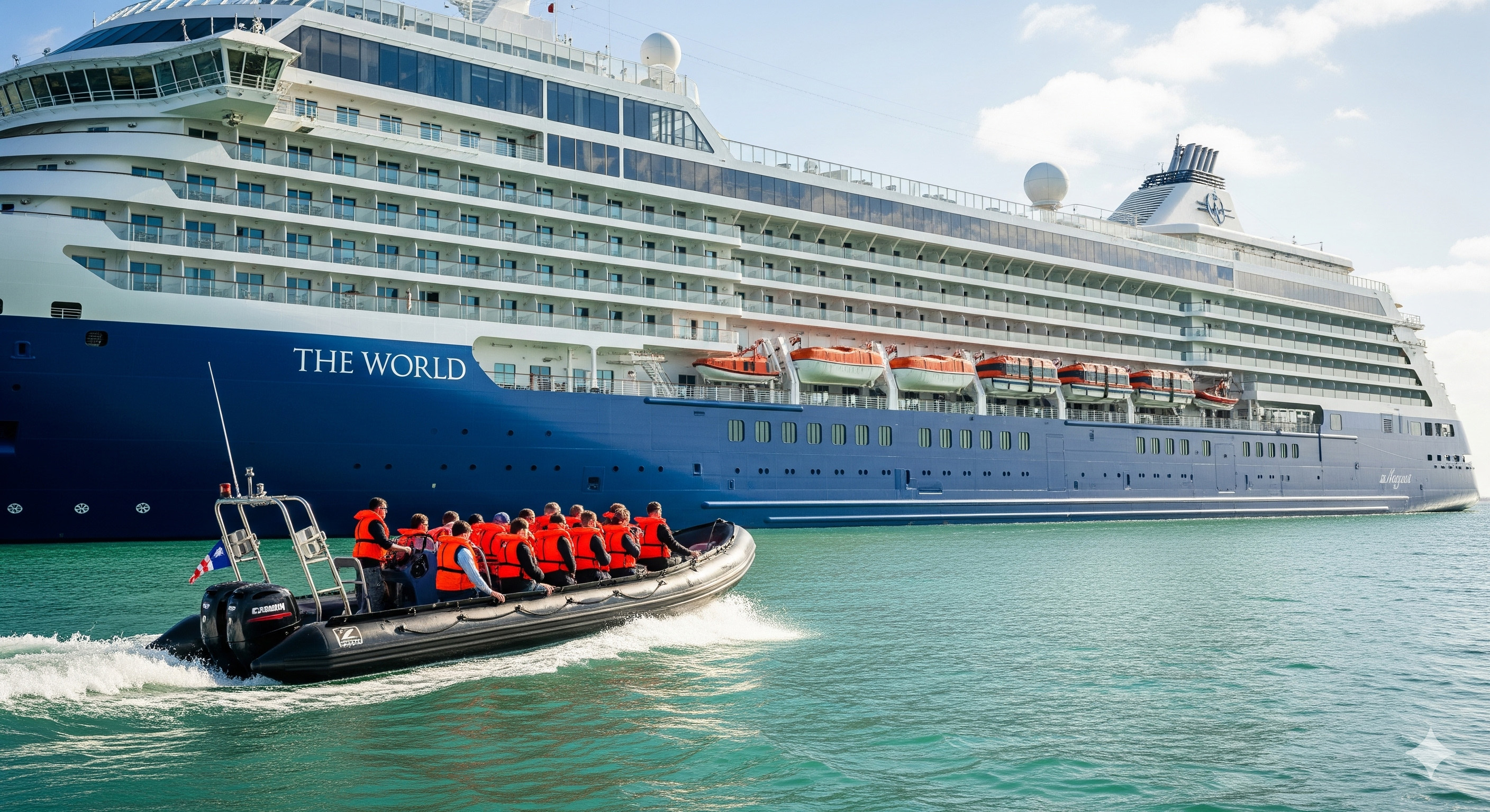 A Zodiac inflatable boat filled with passengers leaving the side of the residential cruise ship 'The World' to head to a distant shoreline.
