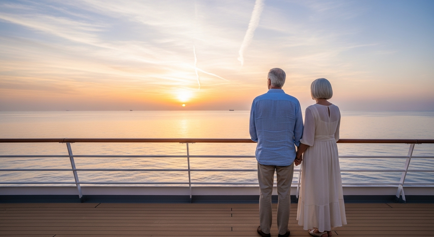 Couple reflecting on life lessons learned while gazing at the sunrise from a cruise ship.